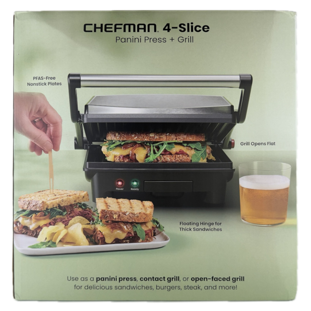 Chefman 4-Slice Panini Press Grill Gourmet Sandwich Maker 180 Deg New Open Box